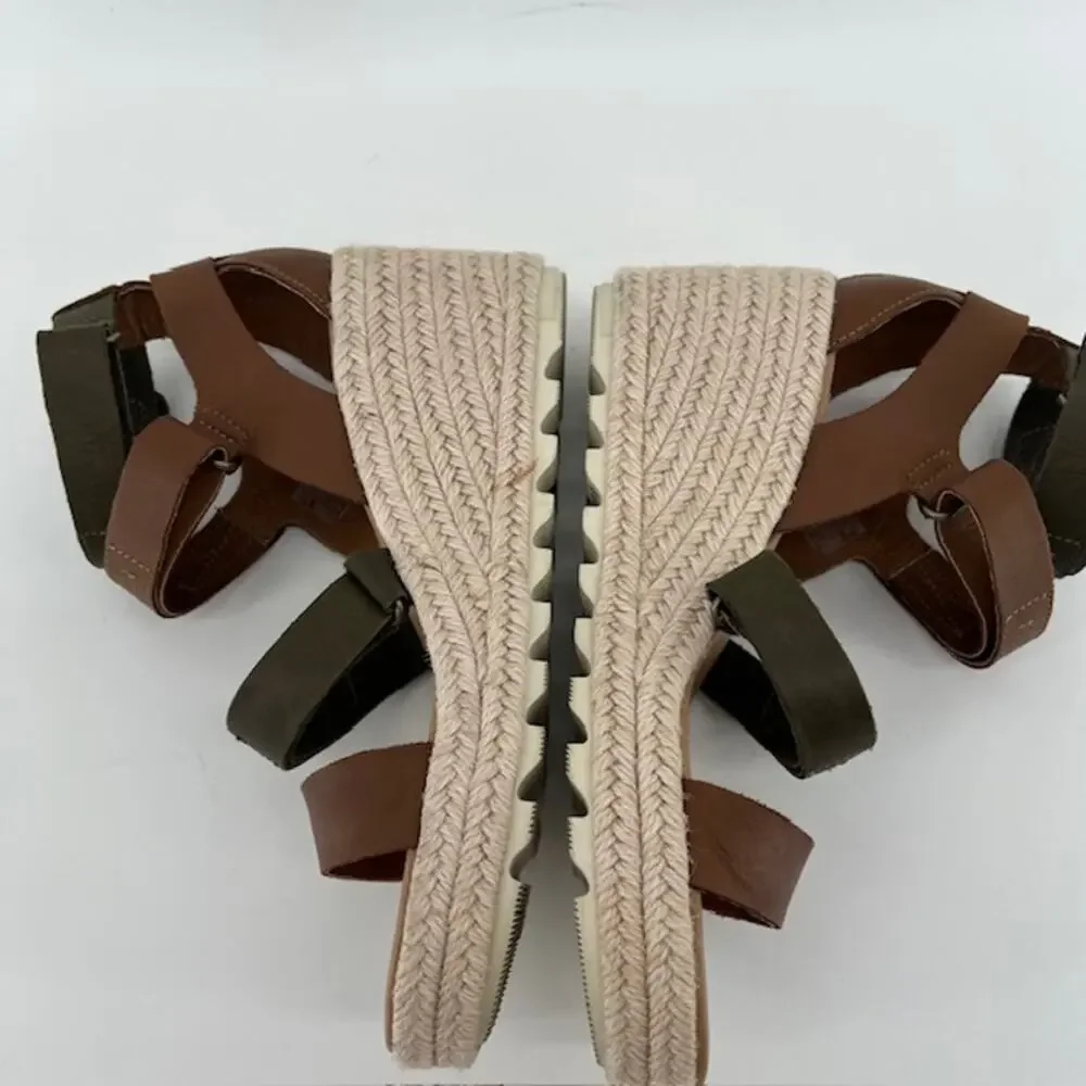 Sorel Cameron Wedge Multi-Strap Sandals Womens 8.5 Green Brown Leather Comfort